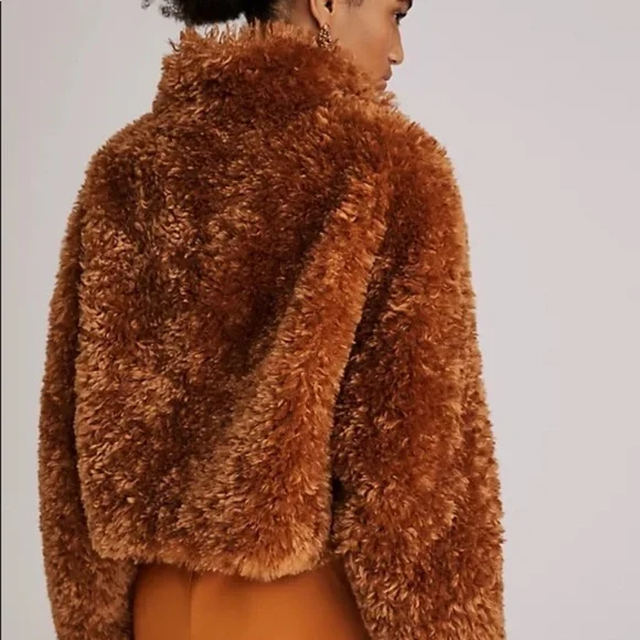 Anthropologie Maeve Teddy Zip-Up Coat Faux Fur Cropped Honey Brown NWT$170 2X